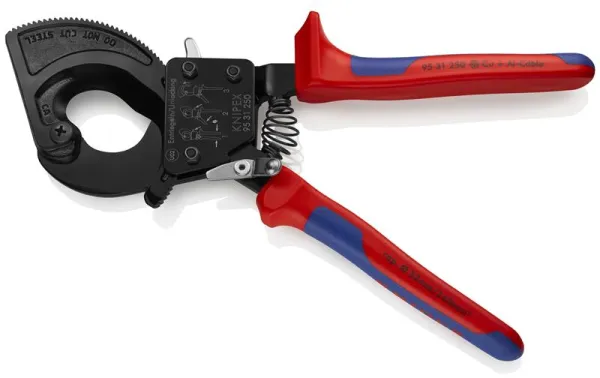 Tesoura de cabos Knipex (princípio de catraca) pintada de preto, com cabo multicomponente 250 mm