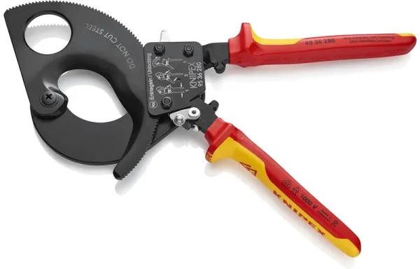 Tesoura de cabos Knipex (princípio de catraca) pintada de preto, aprovada pela VDE 280 mm