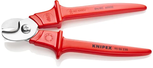 Tesoura de cabos Knipex com punho injetado em plástico isolado, injetado em plástico, aprovado pela VDE 230 mm