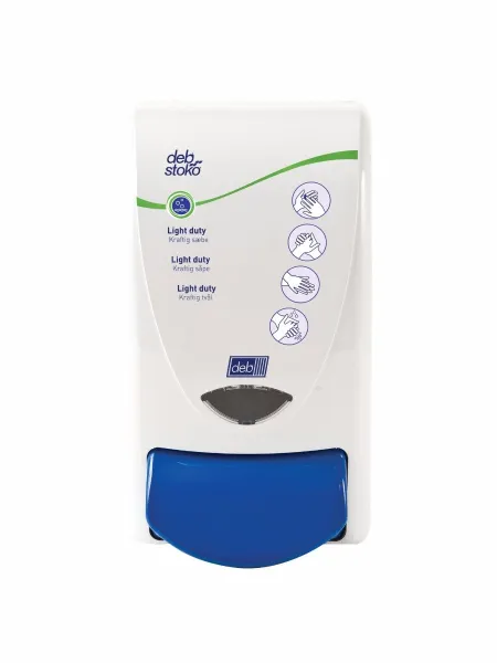 Dispensador Deb Stoko Cleanse Light para sabonete em creme com efeito de limpeza, plástico branco com botão azul, 1 L